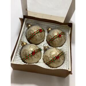 VGT Holidays Reflections gold glitter hand painted Glass Christmas ornaments EUC